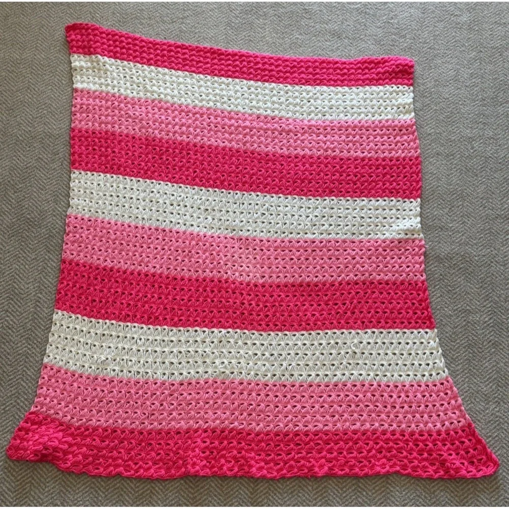 Handmade Crocheted Striped Afghan‎ Throw Blanket Pink Coral White 44